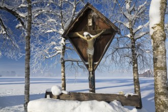 Wegkreuz in winter, snow, Upper Bavaria, Germany