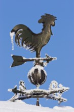 Weather vane with wind rose in snow in winter, hoarfrost, Bavaria, Germany