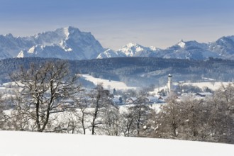 Winter landscape with Zugspitze, Antdorf, Upper Bavaria, Germany