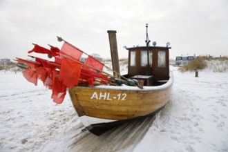 Fishing boat in winter, Ahlbeck, Usedom, Mecklenburg-Western Pomerania, Germany