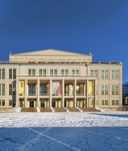 Leipzig Opera on Augustusplatz, opera house in winter with snow, Leipzig, Saxony, Germany