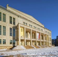 Leipzig Opera on Augustusplatz, opera house in winter with snow, Leipzig, Saxony, Germany