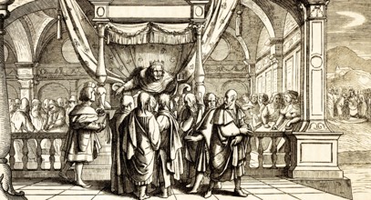 Jeroboam I, first king of the kingdom of Judah (probably 926 to 907 BC) Israel, palace, throne,