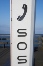 Emergency call station on the pier, SOS, Binz, detail, seaside resort, Rügen island,