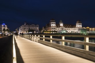Spa hotel, pier and Baltic Sea, illuminated, night view, Binz, seaside resort, Rügen island,