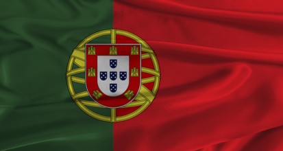 Flag of Portugal with fabric textured background. Close up of National flag of Portugal with