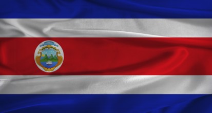 Flag of Costa Rica with fabric textured background. Close up of National flag of Costa Rica with