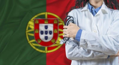 Healthcare professional with Portugal flag background. Professional doctor holding stethoscope on