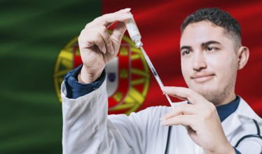 Doctor holding syringe on Portugal flag background. Medical professional holding syringe with