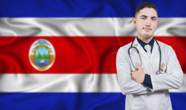 Portrait of medical professional on Costa Rica flag background. Costa Rican national health system