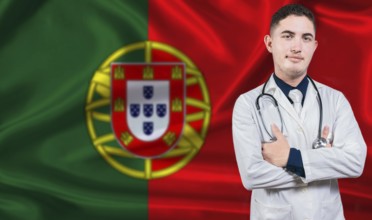 Portrait of medical professional on Portugal flag background. Portuguese national health system
