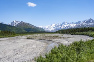 Mountain peak with snow and river, Alaska Range, Richardson Highway, Alaska, USA