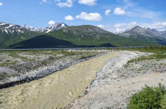 Alaska Pipeline Oil Pipeline, Mountainous Landscape and Delta River, Alaska Range, Richardson
