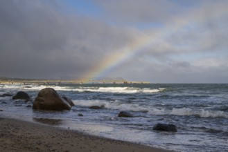 Rainbow over the Baltic Sea, pier behind, Baltic resort Göhren, Baltic Sea, Rügen island,