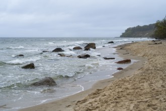 Boulders and waves on the coast, sandy beach, Nordperd, Baltic resort Göhren, Baltic Sea, Rügen