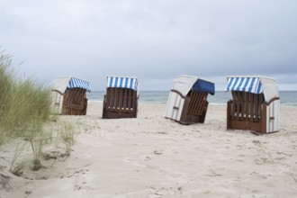 Abandoned beach chairs on sandy beach, Baltic resort Göhren, Baltic Sea, Rügen island,