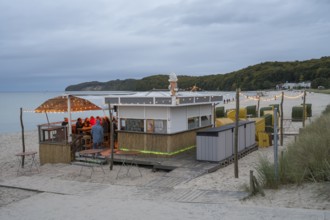 Illuminated beach bar, dusk, Binz, seaside resort, Rügen island, Baltic Sea, Mecklenburg-Western