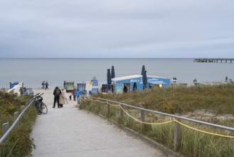 Beach exit and beach bar at dusk, Binz, seaside resort, Rügen island, Baltic Sea,