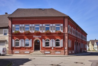 Grafenhausen Town Hall, façade with windows, shutters and cellar hatches, stairway, flower boxes,