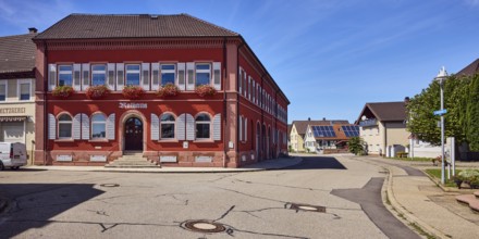 Grafenhausen Town Hall, façade with windows, shutters and cellar hatches, stairway, flower boxes,