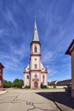 St. James church, church tower, general architecture, street, trees, blue sky, cirrus clouds,