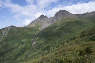 View of mountain peaks on Twin Peaks Trail, Eklutna Lake, Chugach Mountains, Chugach State Park,