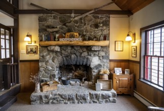 Interior view, fireplace in Manager's House, now Visitor Center, former Gold Mine Independence Mine