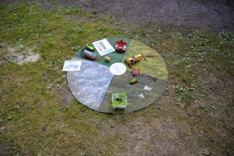 Circular outdoor table with toy vehicles on a grassy area, playful presentation of the individual
