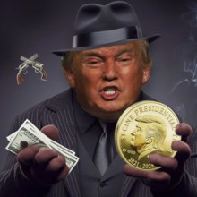 Symbolic image, Trump as mafia godfather, sells and cheats, earns obscene billions, violence,