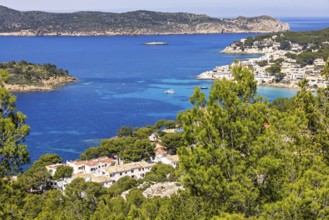 Scenics view of a coastal village on the coast at Mediterranean Sea, Sant Elm, Mallorca, Spain