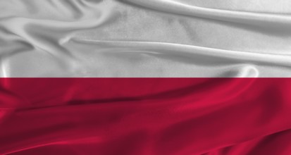 Flag of Poland with fabric textured background. Close up of National flag of Poland with realistic