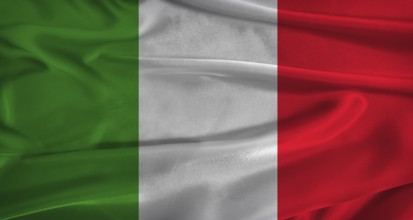 Flag of Italy with fabric textured background. Close up of National flag of Italy with realistic