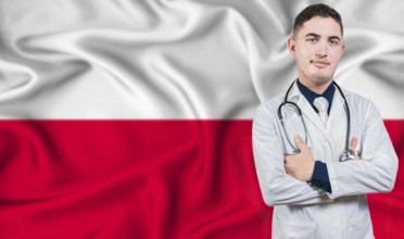 Portrait of medical professional on Poland flag background. Polish national health system