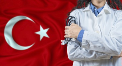 Healthcare professional with Turkey flag background. Professional doctor holding stethoscope on