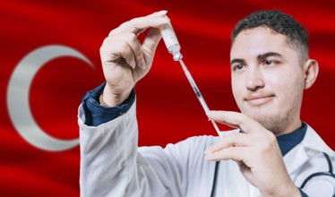 Doctor holding syringe on Turkey flag background. Medical professional holding syringe with Turkish