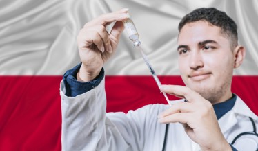 Doctor holding syringe on Poland flag background. Medical professional holding syringe with Polish