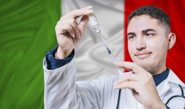 Doctor holding syringe on Italy flag background. Medical professional holding syringe with Italian