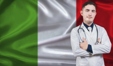 Portrait of medical professional on Italy flag background. Italian national health system