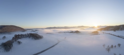 Aerial view of sunset and fog, Schwarzensee, Weissenbach an der Triesting, Lower Austria, Austria