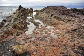 Rough coastline with rugged rocks and small waves under a cloudy sky, Chargo Verde El Golfo