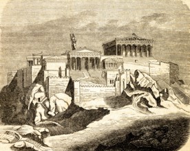 Acropolis, restored view, architecture, temple complex, rock hill, fortress, walls, statue, Athens,