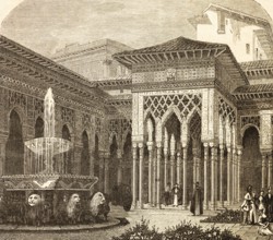 Partial view of the lion courtyard of the Alhambra, Granada, architecture, fountain complex, lion