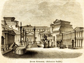 Roman Forum, restored view, architecture, central Roman marketplace, temple, columns, equestrian