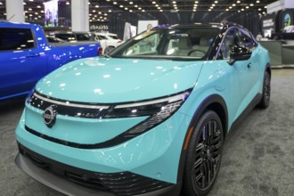 Detroit, Michigan USA - 14 January 2026 - The Nissan Leaf battery electric car on display at the