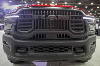 Detroit, Michigan USA - 14 January 2026 - The grill of a RAM truck 2500 on display at the Detroit