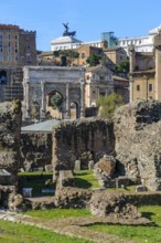 In front ruins foundations of the temple cremation site of Roman general Julius Caesar, Tempio del
