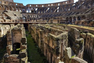 View of exposed hypogeum substructure brick walls from Arena Hypogeum of Colosseum from the time of