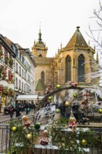 Christmassy decorated half-timbered houses, Old Town, Colmar, Haut-Rhin Department, Alsace, France