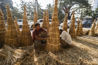 Vendor prepare Meji (Bonfire) for sell, as part of preparations ahead of the 'Magh Bihu' festival,