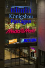 Night view, logo media market, Tegut, action, entrance Königsbau Passagen, shopping center,